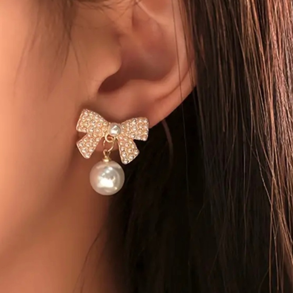 White Bow Coquette Faux Pearl Formal Prom Cocktail Stud Earrings Wedding Jewelry
